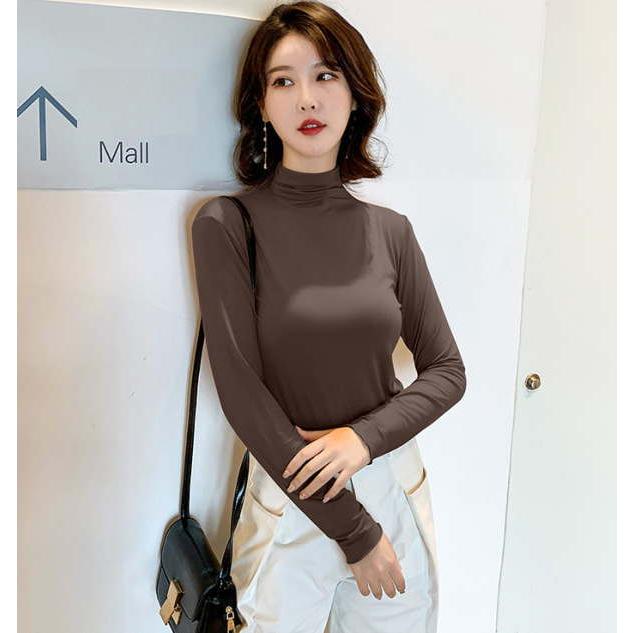 ロングTシャツ tシャツ レディース モーダル カットソー プルオーバー 長袖トップス ロング   プチタートルネック ハーフネック |  | 10