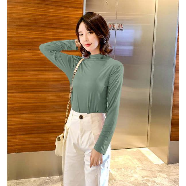 ロングTシャツ tシャツ レディース モーダル カットソー プルオーバー 長袖トップス ロング   プチタートルネック ハーフネック |  | 14