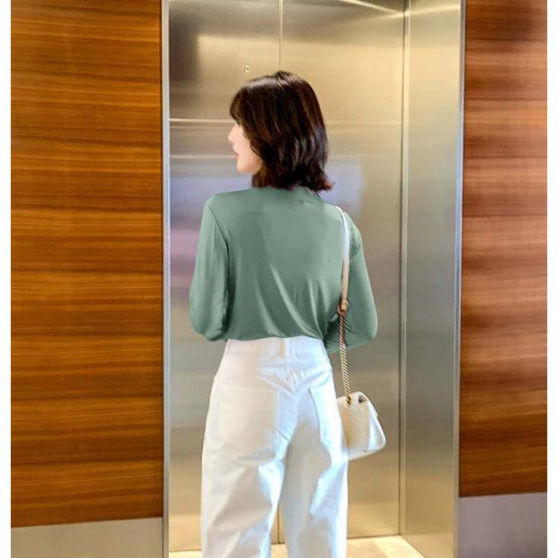 ロングTシャツ tシャツ レディース モーダル カットソー プルオーバー 長袖トップス ロング   プチタートルネック ハーフネック |  | 15