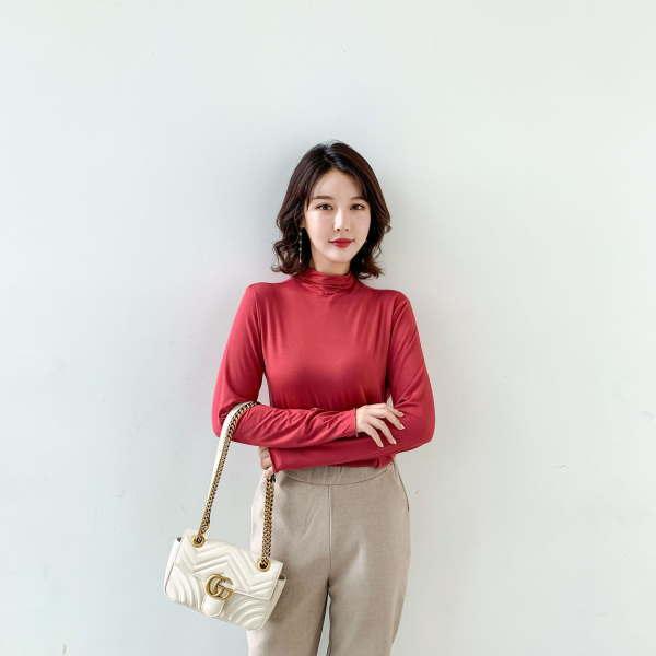 ロングTシャツ tシャツ レディース モーダル カットソー プルオーバー 長袖トップス ロング   プチタートルネック ハーフネック |  | 03