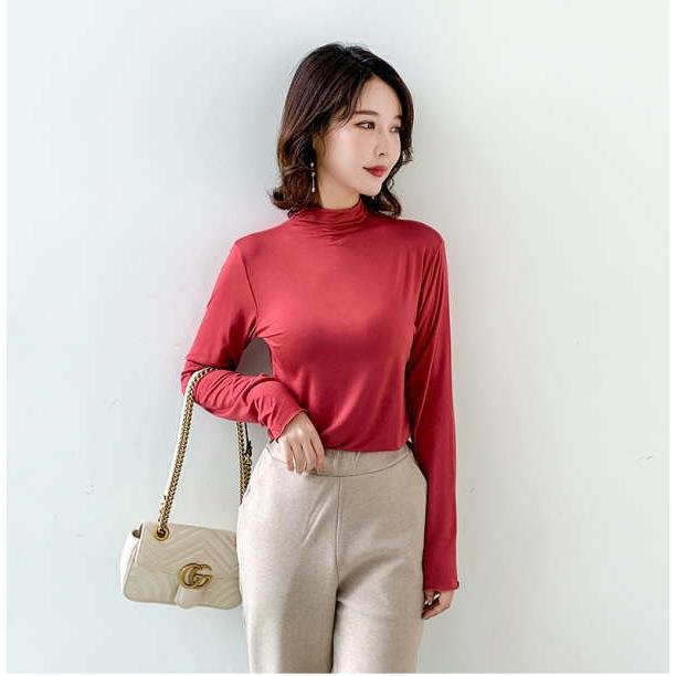 ロングTシャツ tシャツ レディース モーダル カットソー プルオーバー 長袖トップス ロング   プチタートルネック ハーフネック |  | 04