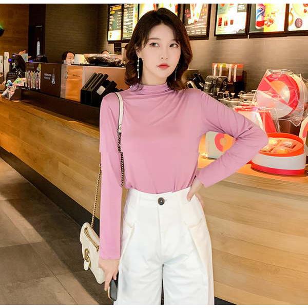 ロングTシャツ tシャツ レディース モーダル カットソー プルオーバー 長袖トップス ロング   プチタートルネック ハーフネック |  | 08