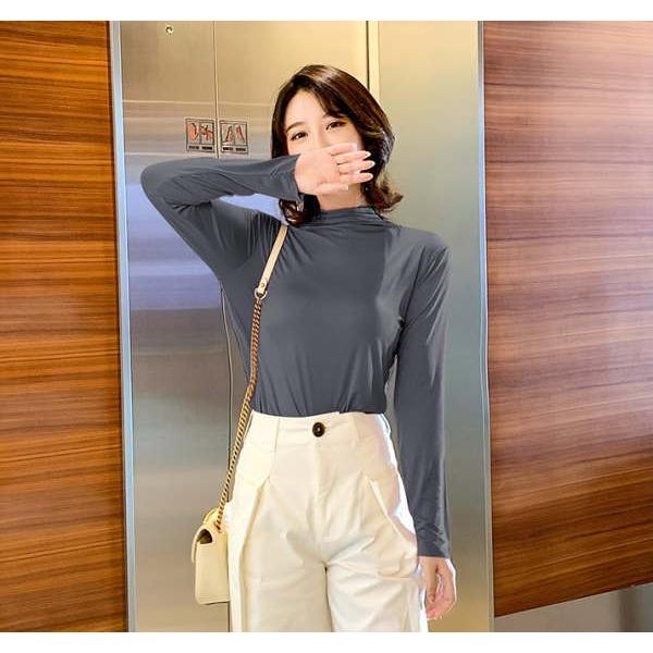 ロングTシャツ tシャツ レディース モーダル カットソー プルオーバー 長袖トップス ロング   プチタートルネック ハーフネック |  | 09