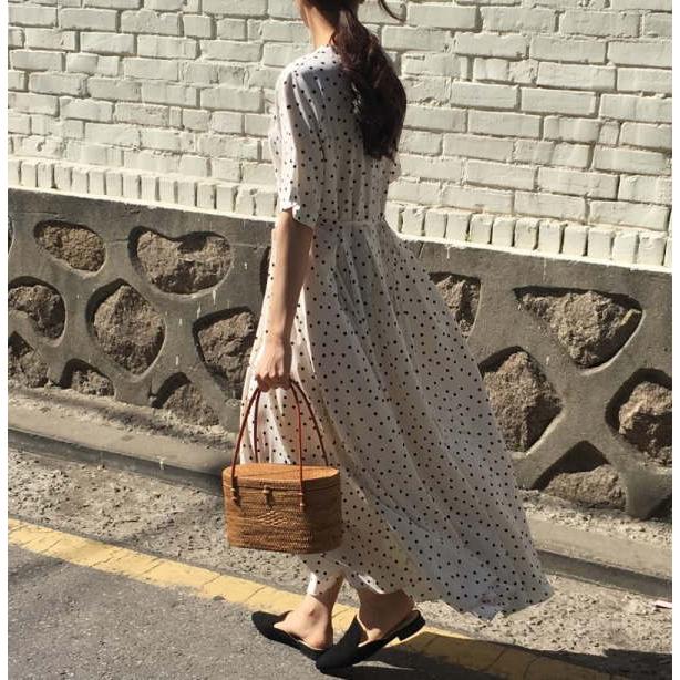 マキシ丈ワンピース ドット柄 水玉 フレア リゾートワンピ シアービーチ  マタニティ シンプル Aライン 大きいサイズ マタニティウェア |  | 01