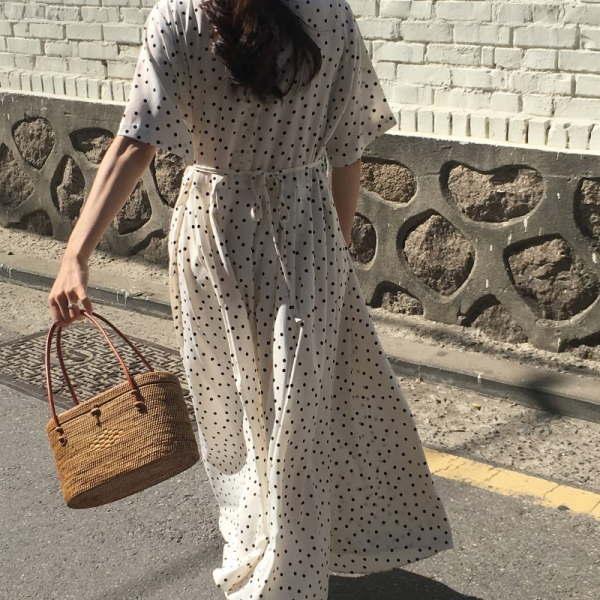 マキシ丈ワンピース ドット柄 水玉 フレア リゾートワンピ シアービーチ  マタニティ シンプル Aライン 大きいサイズ マタニティウェア |  | 05