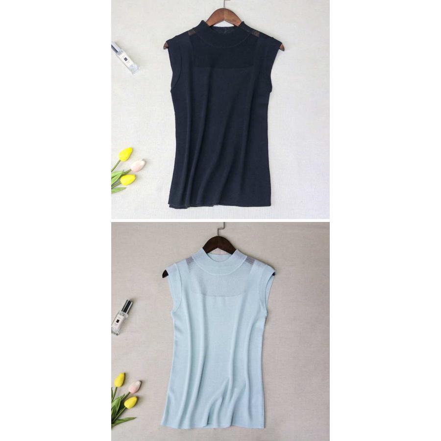 サマーニット シアー シースルー アイスシルク トップス 薄手 薄ニット ノースリーブ ストレッチ 無地 Tシャツ |  | 12