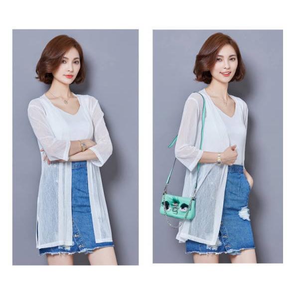 シアーカーディガン ロング丈 ストレッチサマーニット 薄手 7分袖 無地 七分袖 五分袖 シャリ感 透け感 杢調 レディース  トッパーカーディガン 春夏 トッパーカ |  | 07