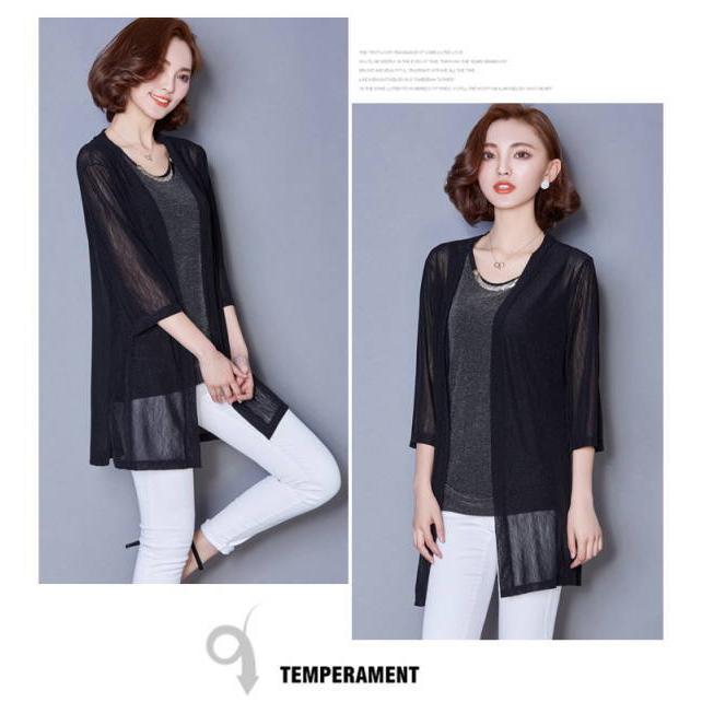 シアーカーディガン ロング丈 ストレッチサマーニット 薄手 7分袖 無地 七分袖 五分袖 シャリ感 透け感 杢調 レディース  トッパーカーディガン 春夏 トッパーカ |  | 08