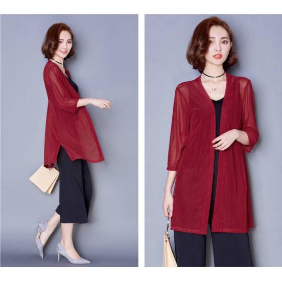 シアーカーディガン ロング丈 ストレッチサマーニット 薄手 7分袖 無地 七分袖 五分袖 シャリ感 透け感 杢調 レディース  トッパーカーディガン 春夏 トッパーカ |  | 09