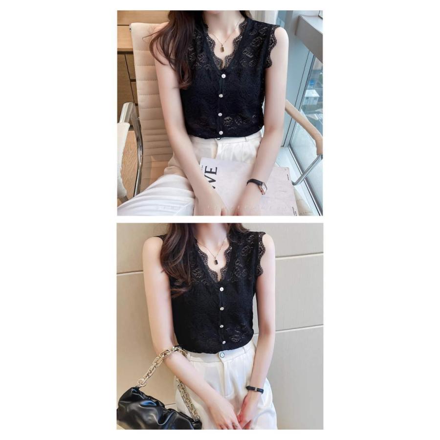 レース トップス レディース タンクトップ キャミソール インナー  花柄総レース  袖なし シアー カットソー 無地 Vネック シャツ ブラウス ノースリーブ |  | 02