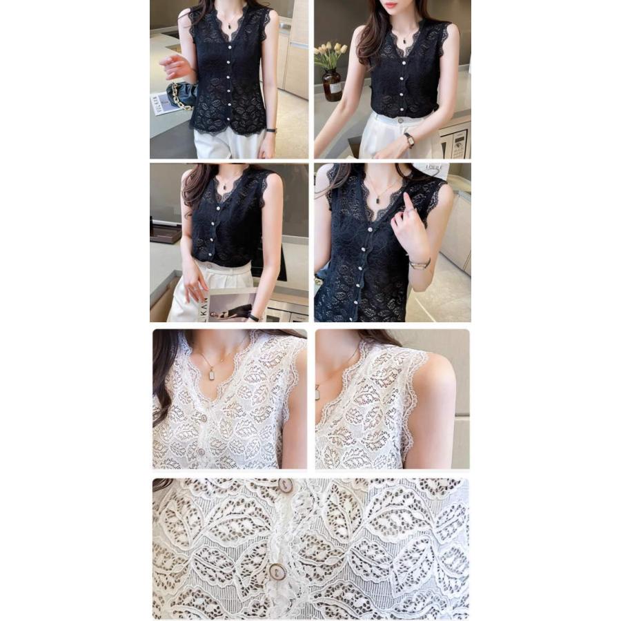 レース トップス レディース タンクトップ キャミソール インナー  花柄総レース  袖なし シアー カットソー 無地 Vネック シャツ ブラウス ノースリーブ |  | 03