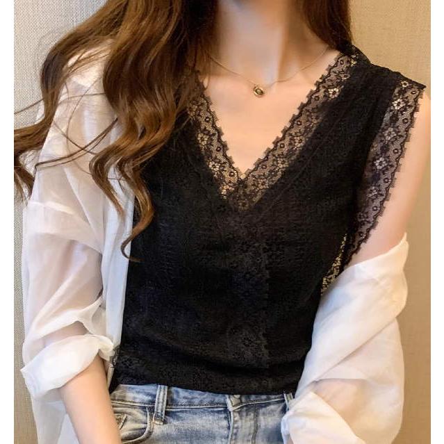 レース トップス レディース タンクトップ キャミソール インナー  花柄総レース  袖なし シアー カットソー 無地 Vネック シャツ ブラウス ノースリーブ |  | 07