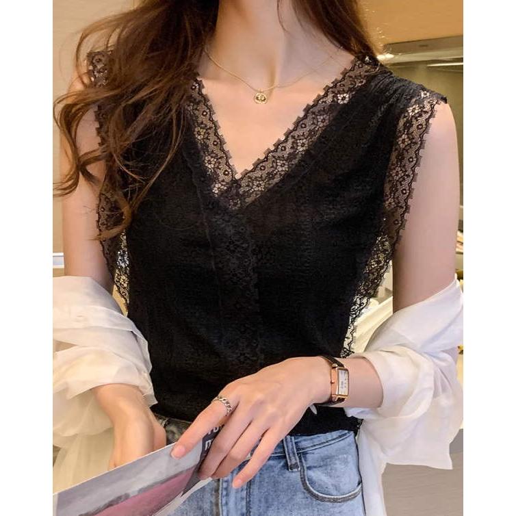 レース トップス レディース タンクトップ キャミソール インナー  花柄総レース  袖なし シアー カットソー 無地 Vネック シャツ ブラウス ノースリーブ |  | 08