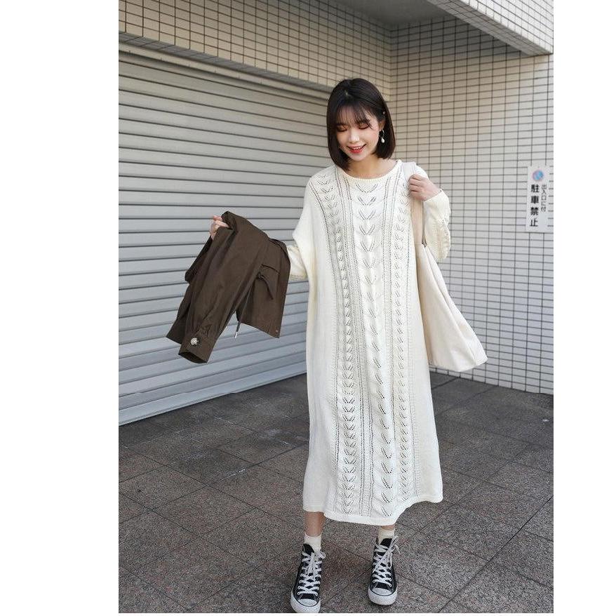 ニット ワンピース  ゆったり 体型カバー マキシ丈ワンピース 無地 ロング丈 オーバーサイズ 長袖 |  | 01