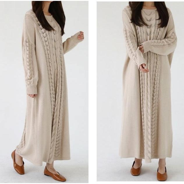 ニット ワンピース  ゆったり 体型カバー マキシ丈ワンピース 無地 ロング丈 オーバーサイズ 長袖 |  | 10