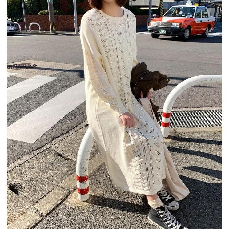 ニット ワンピース  ゆったり 体型カバー マキシ丈ワンピース 無地 ロング丈 オーバーサイズ 長袖 |  | 02