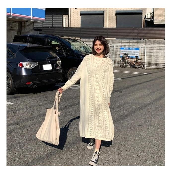 ニット ワンピース  ゆったり 体型カバー マキシ丈ワンピース 無地 ロング丈 オーバーサイズ 長袖 |  | 03