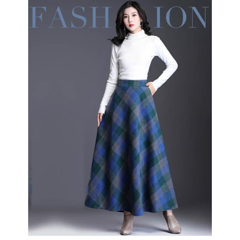 スカート ロング ロングスカート チェック柄  レディース マキシ 厚手 ミモレ丈 ミディアム丈 膝丈 Aライン フレアスカート ウエストゴム 春 秋冬 |  | 01