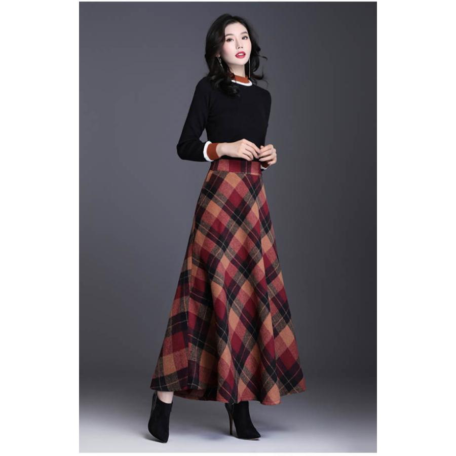 スカート ロング ロングスカート チェック柄  レディース マキシ 厚手 ミモレ丈 ミディアム丈 膝丈 Aライン フレアスカート ウエストゴム 春 秋冬 |  | 10