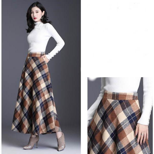 スカート ロング ロングスカート チェック柄  レディース マキシ 厚手 ミモレ丈 ミディアム丈 膝丈 Aライン フレアスカート ウエストゴム 春 秋冬 |  | 02