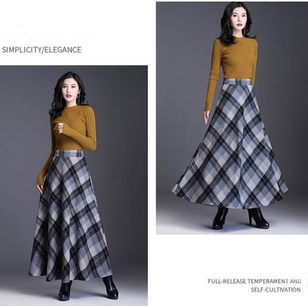 スカート ロング ロングスカート チェック柄  レディース マキシ 厚手 ミモレ丈 ミディアム丈 膝丈 Aライン フレアスカート ウエストゴム 春 秋冬 |  | 03