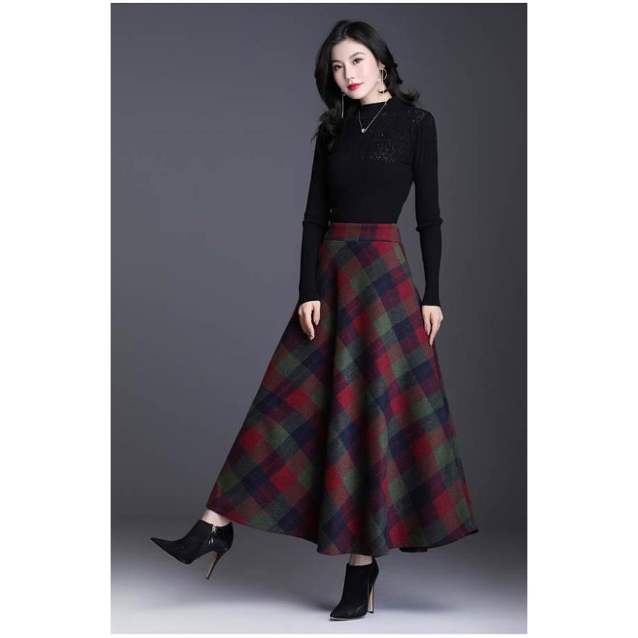 スカート ロング ロングスカート チェック柄  レディース マキシ 厚手 ミモレ丈 ミディアム丈 膝丈 Aライン フレアスカート ウエストゴム 春 秋冬 |  | 04
