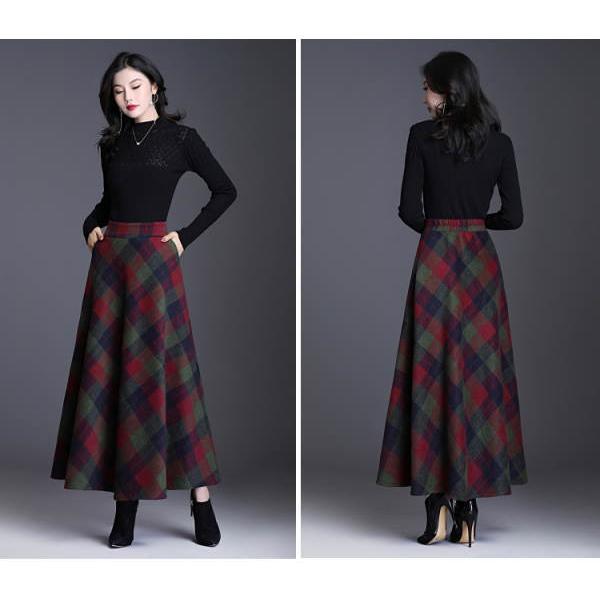 スカート ロング ロングスカート チェック柄  レディース マキシ 厚手 ミモレ丈 ミディアム丈 膝丈 Aライン フレアスカート ウエストゴム 春 秋冬 |  | 05