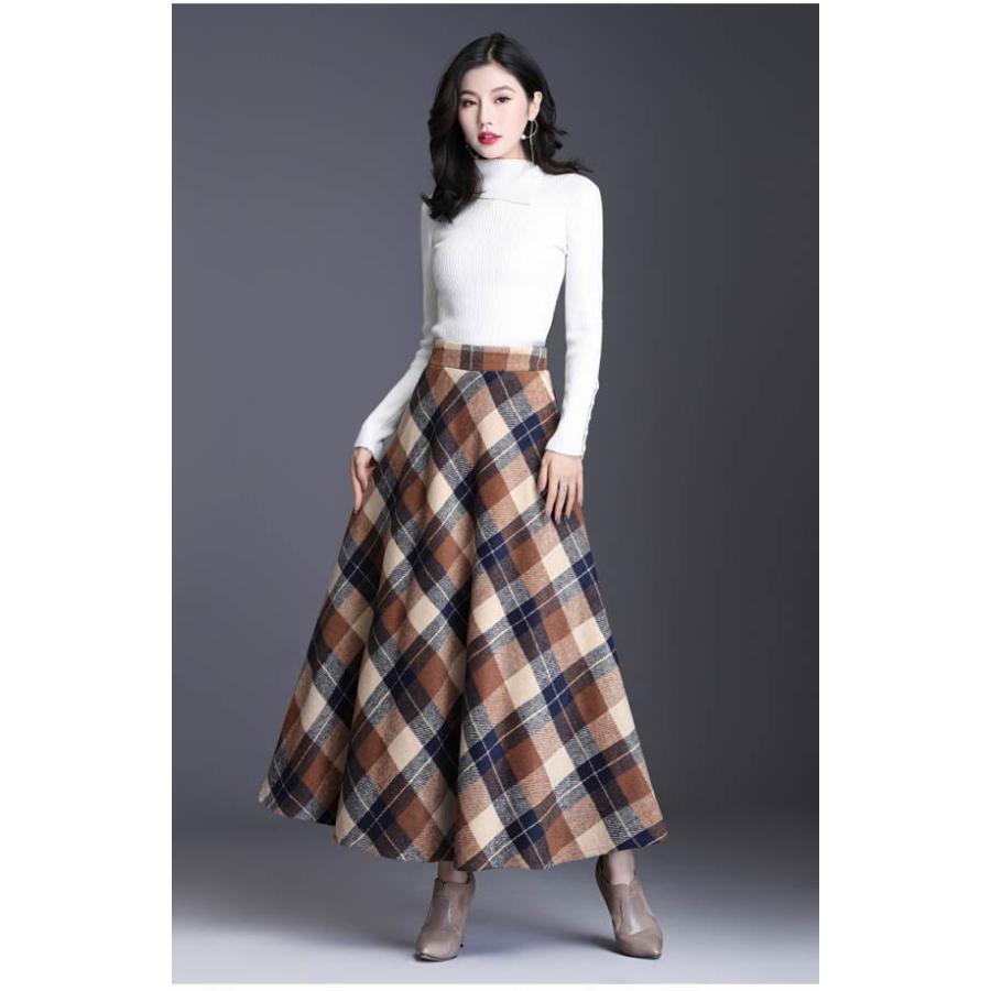 スカート ロング ロングスカート チェック柄  レディース マキシ 厚手 ミモレ丈 ミディアム丈 膝丈 Aライン フレアスカート ウエストゴム 春 秋冬 |  | 06