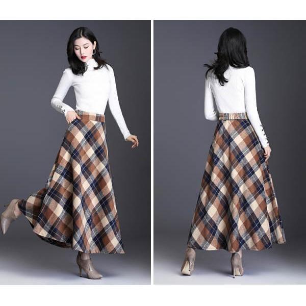 スカート ロング ロングスカート チェック柄  レディース マキシ 厚手 ミモレ丈 ミディアム丈 膝丈 Aライン フレアスカート ウエストゴム 春 秋冬 |  | 07