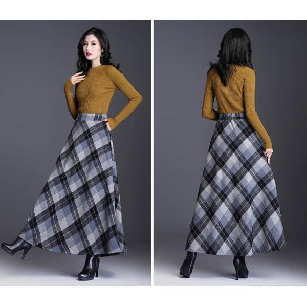 スカート ロング ロングスカート チェック柄  レディース マキシ 厚手 ミモレ丈 ミディアム丈 膝丈 Aライン フレアスカート ウエストゴム 春 秋冬 |  | 09