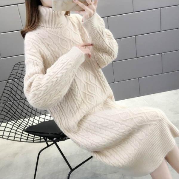 ニットワンピース レディース ミディアム丈 膝丈 ロング丈 長袖  タイト ケーブル編み タートル襟 タートルハイネック カジュアル ニット 暖かい スタンドカラー |  | 10