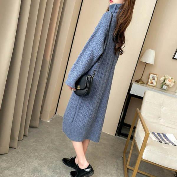 ニットワンピース レディース ミディアム丈 膝丈 ロング丈 長袖  タイト ケーブル編み タートル襟 タートルハイネック カジュアル ニット 暖かい スタンドカラー |  | 12