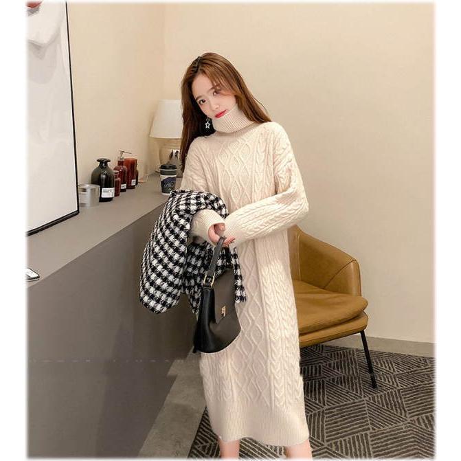 ニットワンピース レディース ミディアム丈 膝丈 ロング丈 長袖  タイト ケーブル編み タートル襟 タートルハイネック カジュアル ニット 暖かい スタンドカラー |  | 08