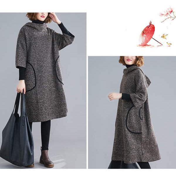 ニットワンピース レディース ロング タートルハイネック フード付き パーカーワンピ カジュアル ニット 暖かい 変形デザインスタンドカラー  秋(アパレル)宅 |  | 03