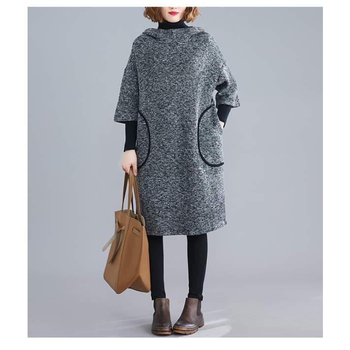 ニットワンピース レディース ロング タートルハイネック フード付き パーカーワンピ カジュアル ニット 暖かい 変形デザインスタンドカラー  秋(アパレル)宅 |  | 05