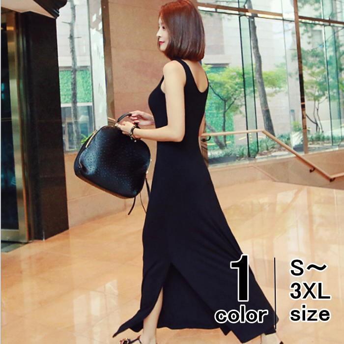 マキシワンピース ノースリーブ キャミワンピ タイト ストレッチ 無地 ワンピ スリット ブラック 黒 e Yang Gen 通販 Yahoo ショッピング