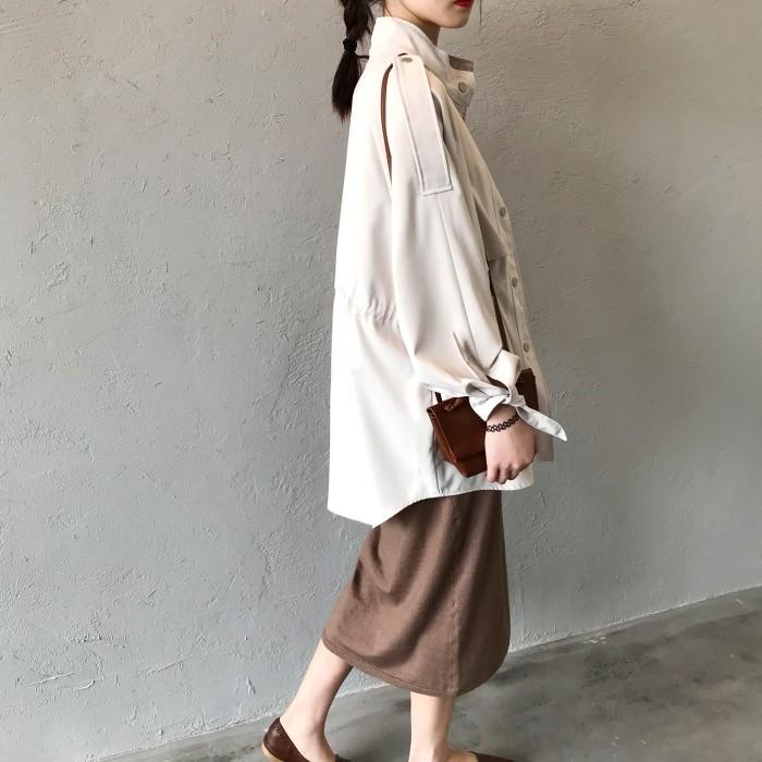 ジャケット レディース ノーカラー ミディアム丈 リボン 無地