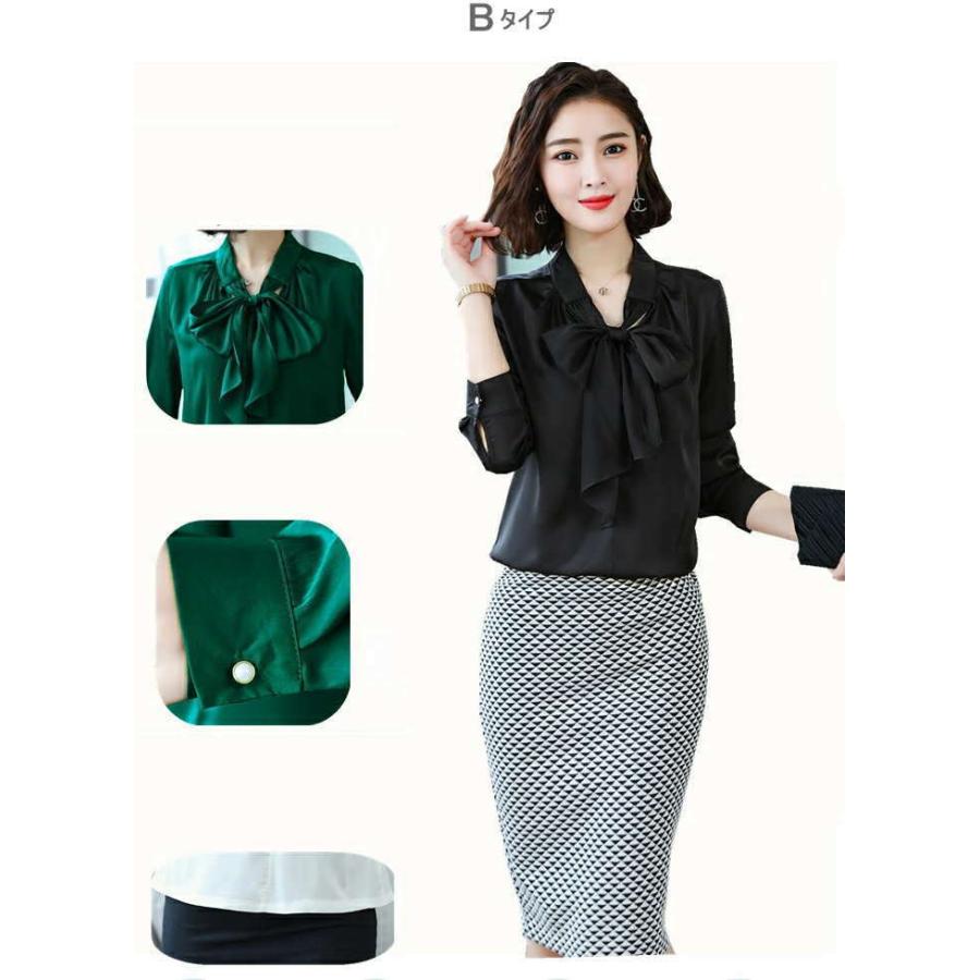 シャツ ブラウス レディース シフォン ボウタイ リボン 長袖 無地 トップス きれいめ tシャツ Tシャツ |  | 01