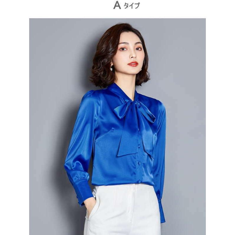 シャツ ブラウス レディース シフォン ボウタイ リボン 長袖 無地 トップス きれいめ tシャツ Tシャツ |  | 02