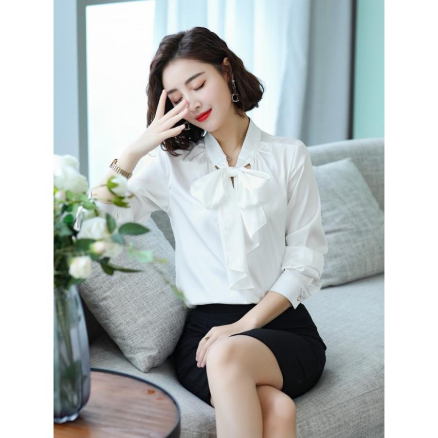 シャツ ブラウス レディース シフォン ボウタイ リボン 長袖 無地 トップス きれいめ tシャツ Tシャツ |  | 05