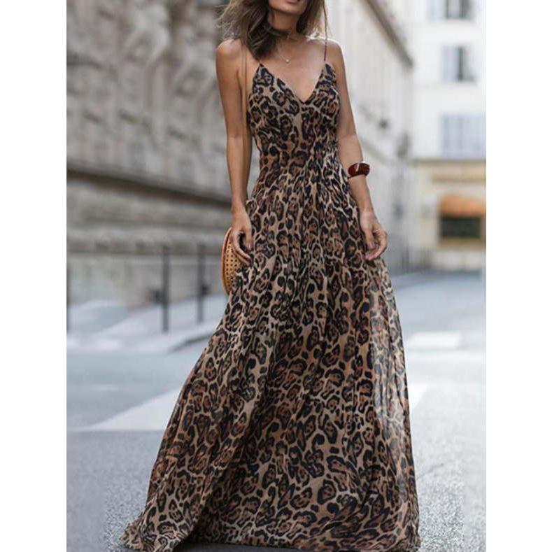 マキシ ワンピース  ヒョウ柄 レオパード  シフォン ノースリーブ リゾートワンピ 切り替え  フレア Aライン レディース 夏 |  | 02