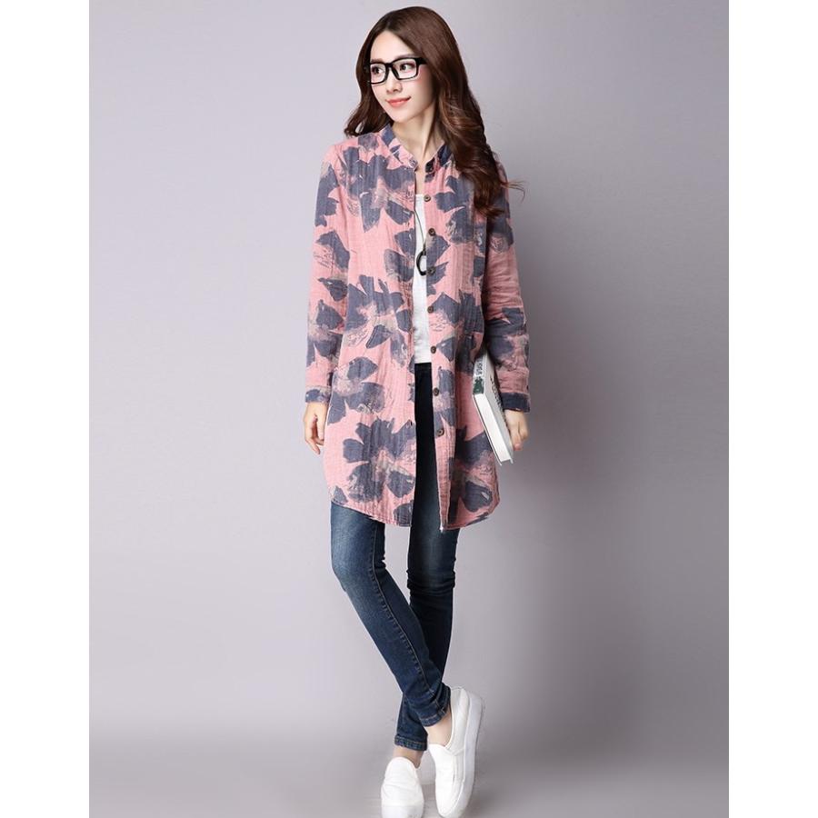 シャツ ブラウス レディース 長袖 ノーカラー ロングシャツ 花柄 シャツ ブラウス レディース 長袖 ノーカラー ロングシャツ 花柄