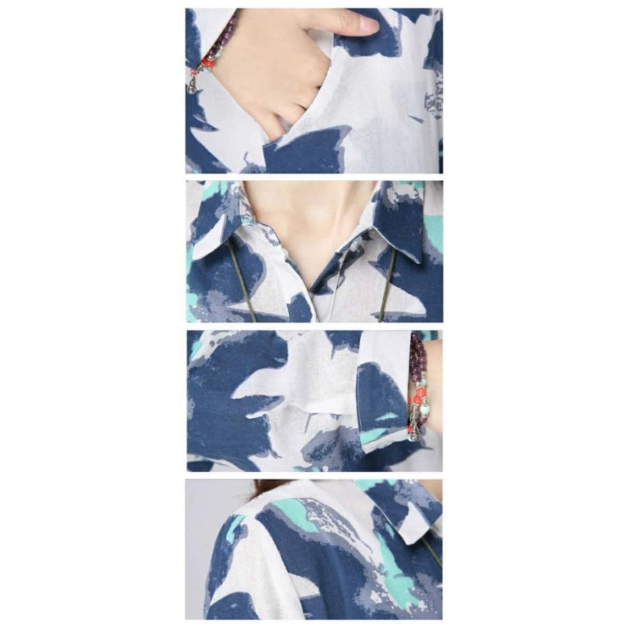 シャツ ブラウス レディース 長袖 ノーカラー ロングシャツ 花柄 シャツ ブラウス レディース 長袖 ノーカラー ロングシャツ 花柄
