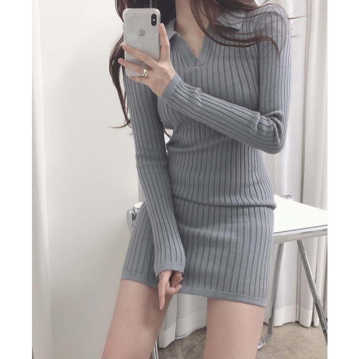 ご購入者様決定꒰ PARTY꒱リブ ニット タイト ワンピース 灰色 セクシー ニットワンピース タイトワンピース リブニット レディース ポロ襟