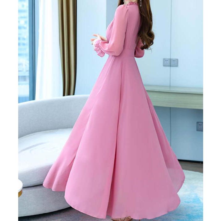 ワンピース パーティードレス ロング カシュクール  シフォン ドレープ マキシ丈 ワンピース 長袖 半袖 レディース |  | 13