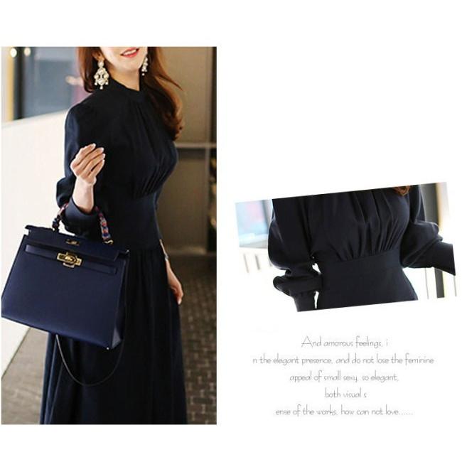 ロングワンピース フレアワンピース レディース スタンドカラー 長袖