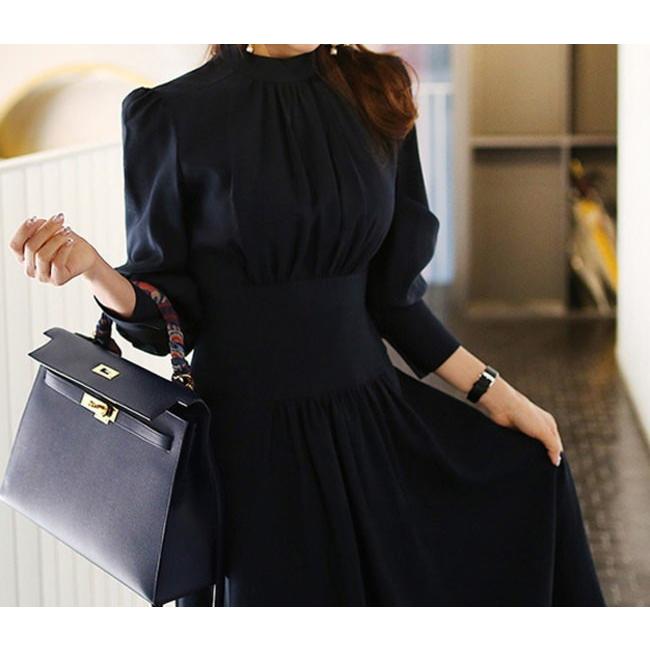 ロングワンピース フレアワンピース レディース スタンドカラー 長袖