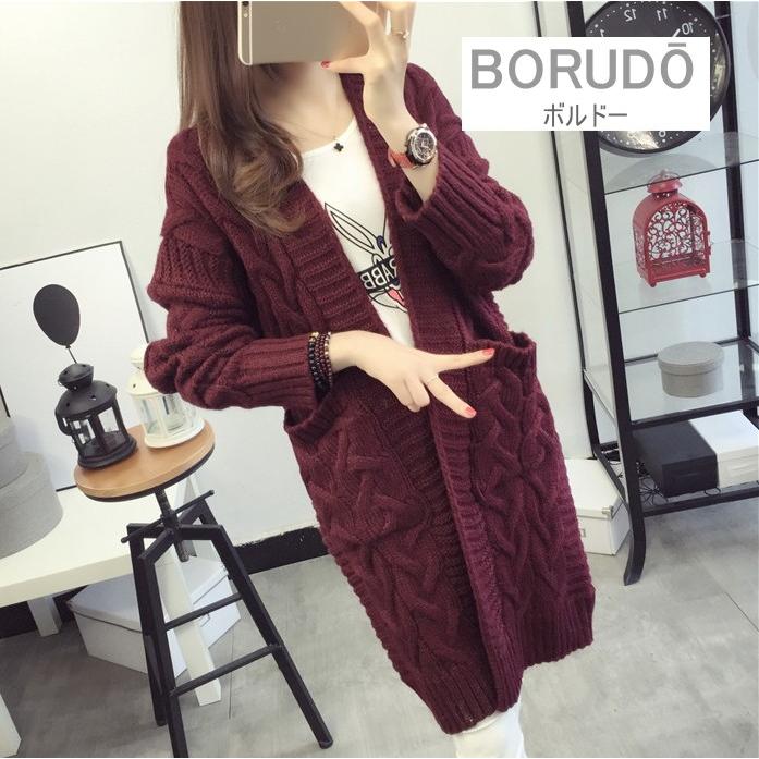 ニット カーディガン ロングカーディガン 厚手 ケーブル 体型カバー