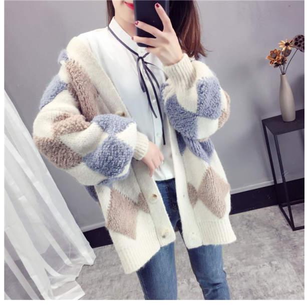 ニット カーディガン レディース 総柄 Vネック ゆったり 長袖 ダイヤ柄