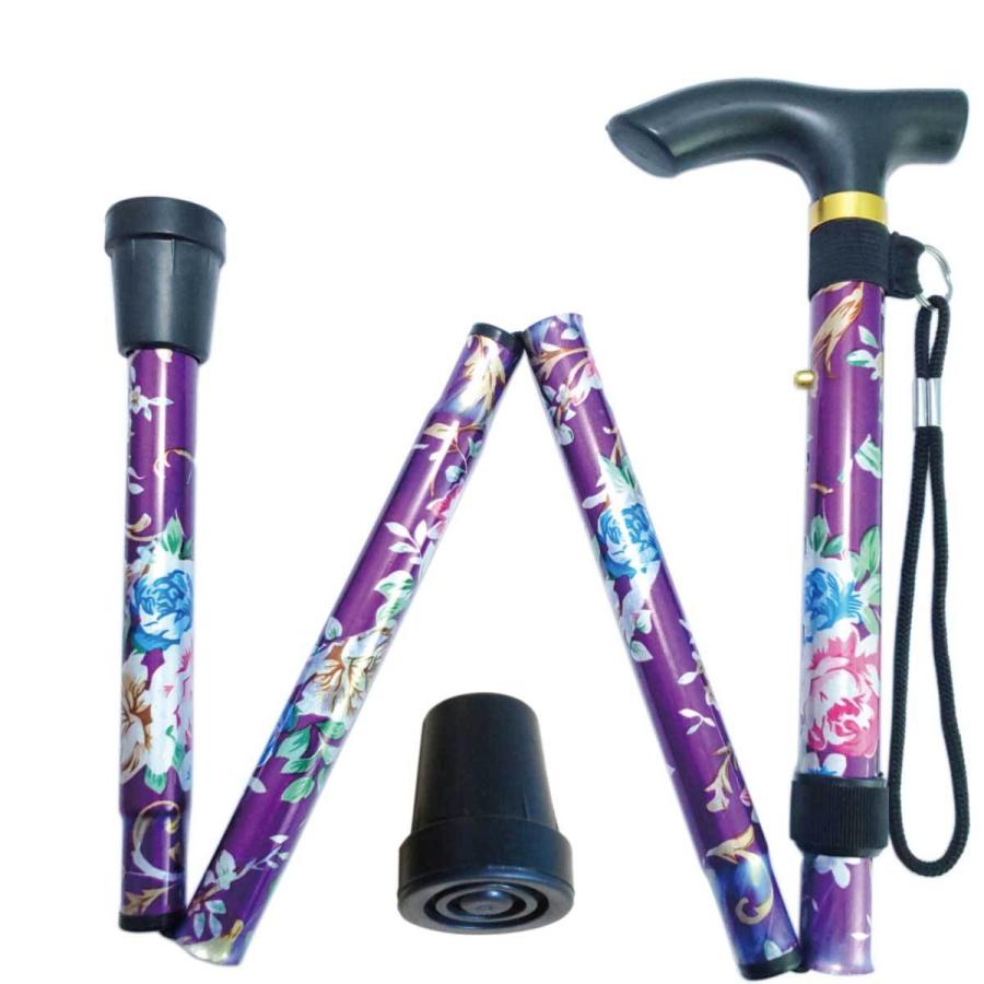 格安販売の 折りたたみ杖 短いらくらくステッキ おしゃれ ヨロズヘルスケア 花柄パープル 可愛い